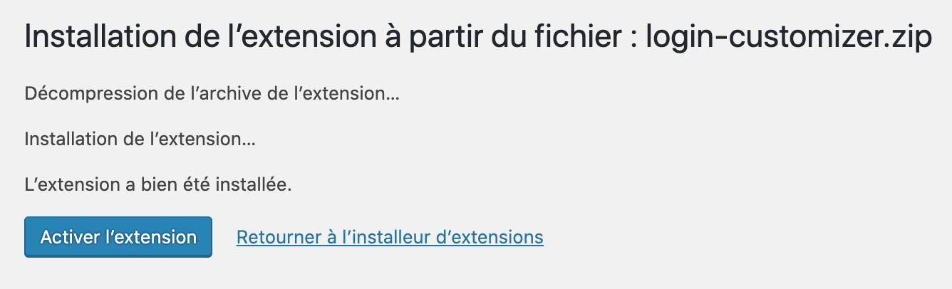 Bouton pour activer l'extension Custom Login Page Customizer sur wordpress