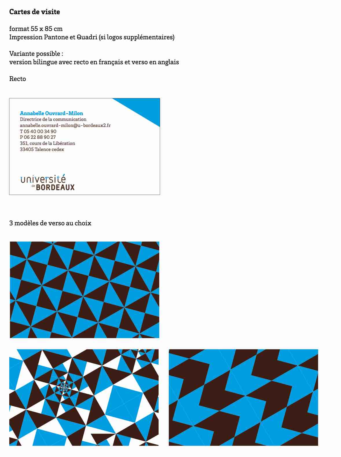 Un exemple d’application sur une carte de visite dans la charte graphique de l’Université de Bordeaux