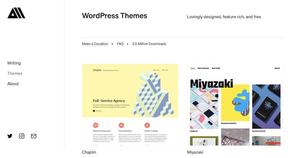 page d'accueil des thèmes d'Anders Noren pour l'éditeur Gutenberg de WordPress