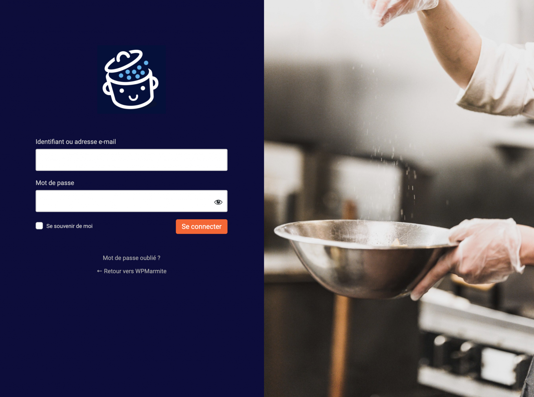 Page de connexion WordPress, personnalisée aux couleurs et au design de WPMarmite