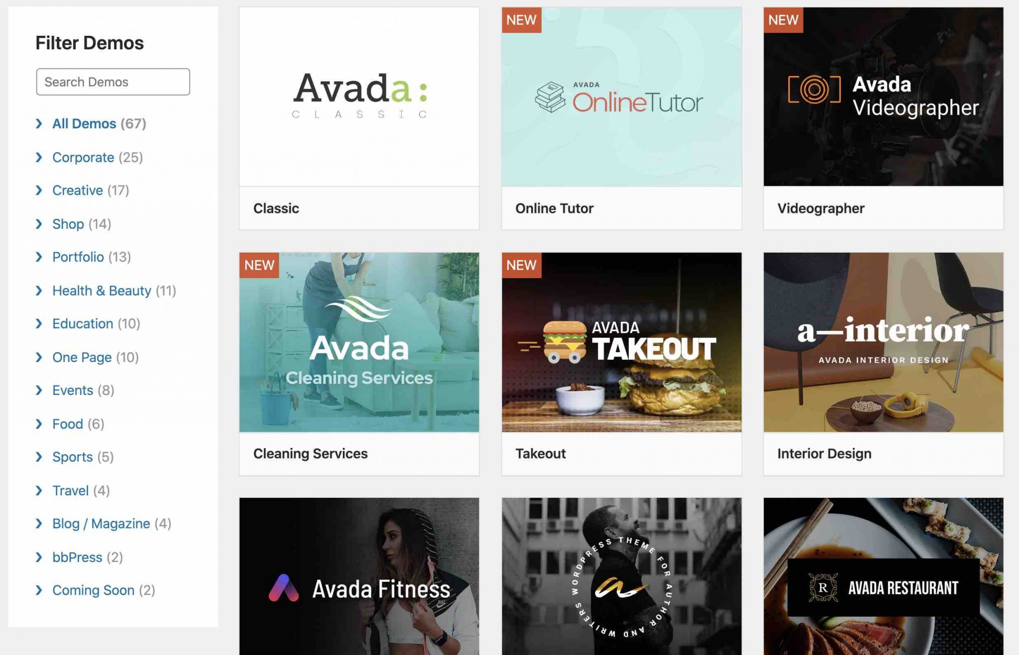 Avada demos menu