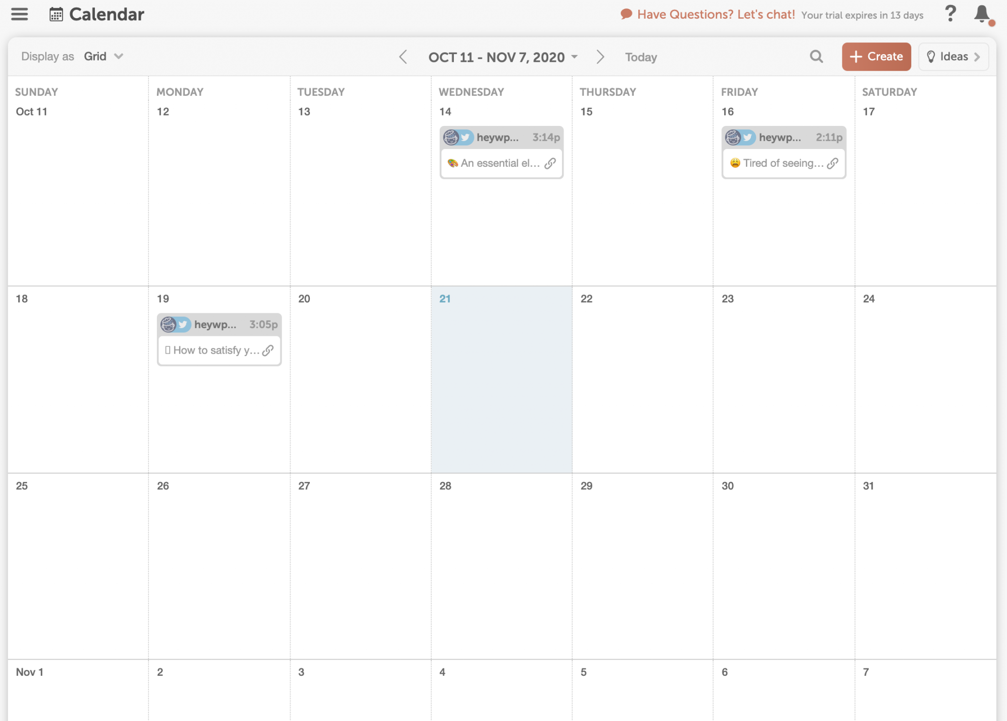 CoSchedule calendar displaying past Twitter posts
