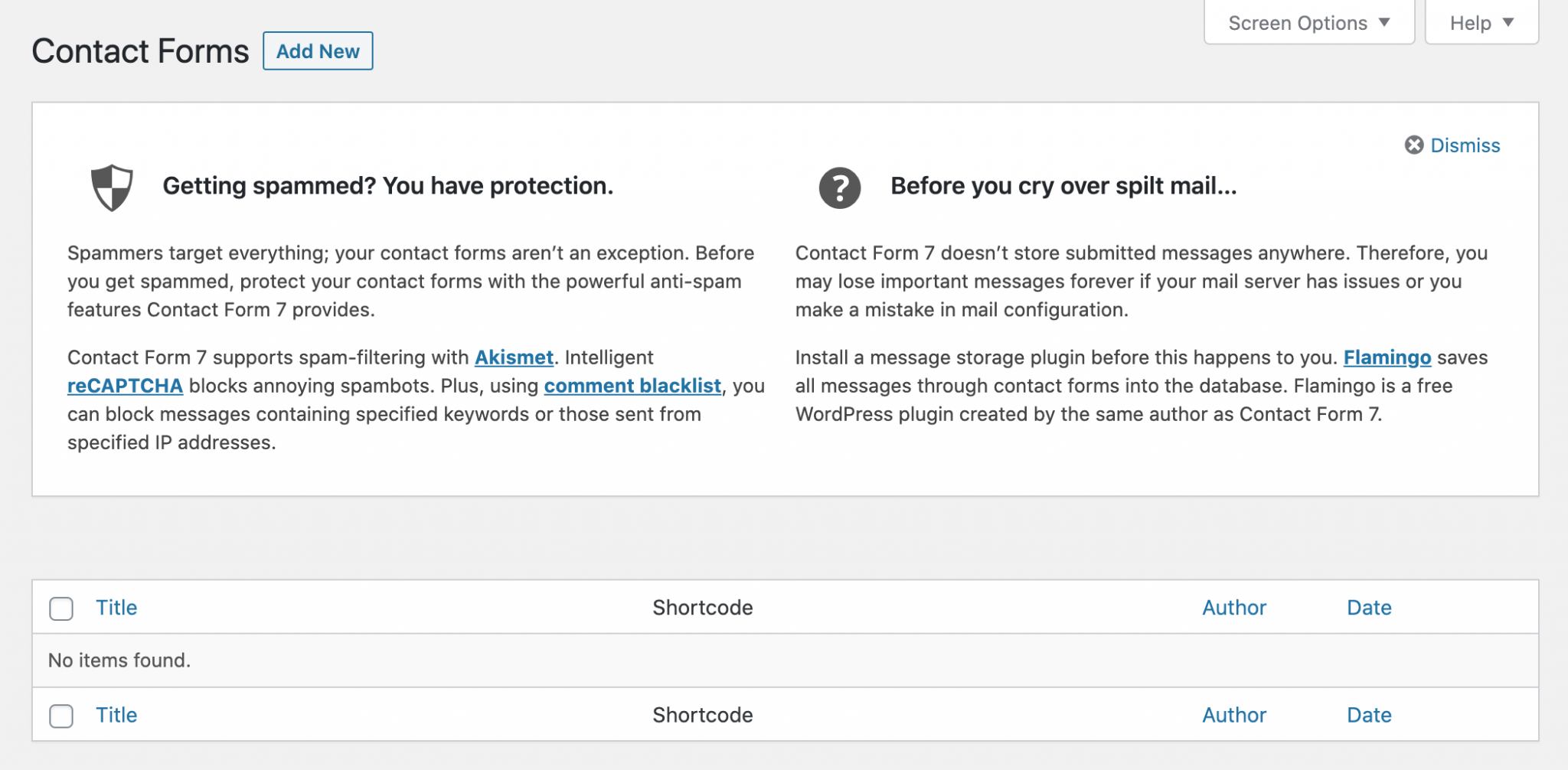 Contact Forms main page on WordPress admin