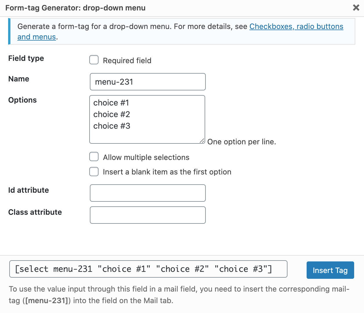 Form-tag Generator drop-down menu contact form 7