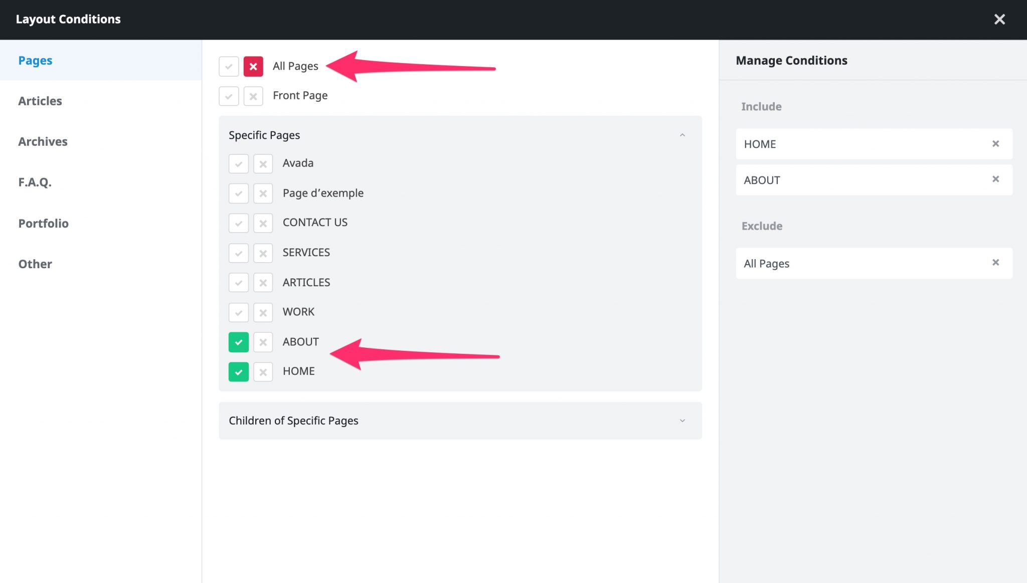 Avada layout conditions for specific pages