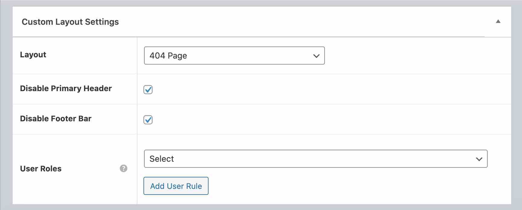 Custom layout settings 404 page on the Astra theme.