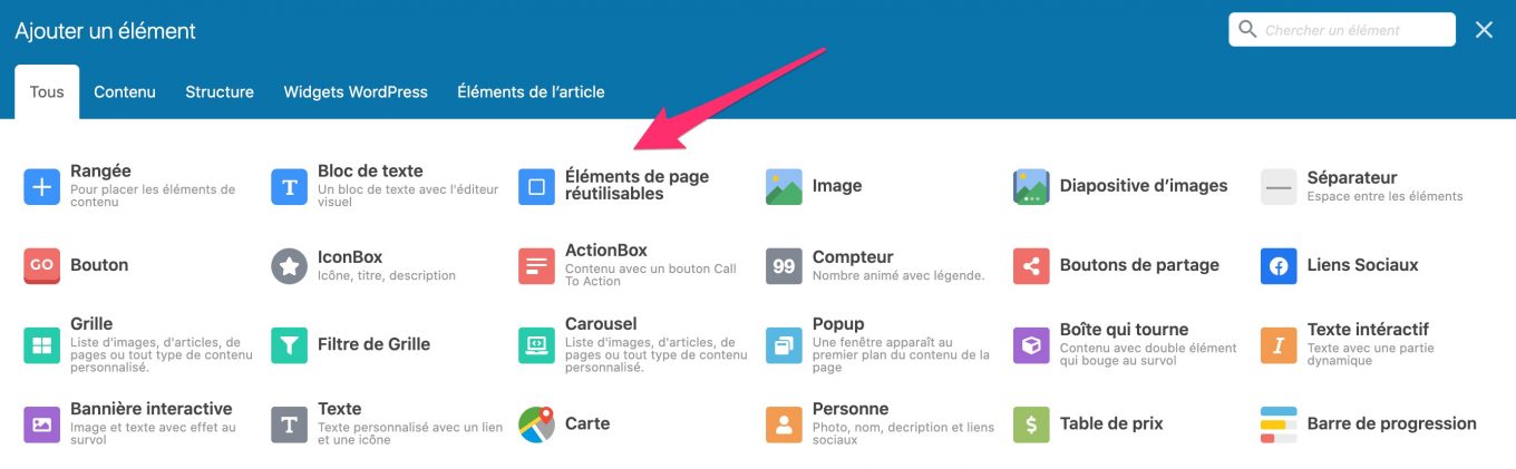 Elements de page réutilisables sur WPBakery