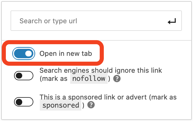Open in new tab option on WordPress Gutenberg.