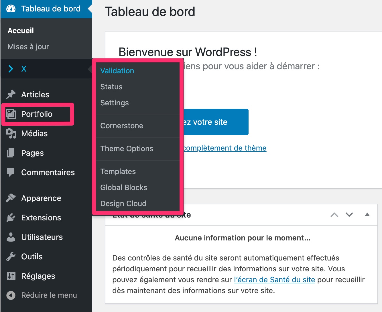 Le custom post type Portfolio sur X