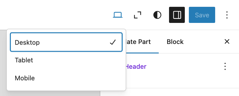 You can preview your WordPress header for a computer, tablet, or mobile device in the WordPress Site Editor.