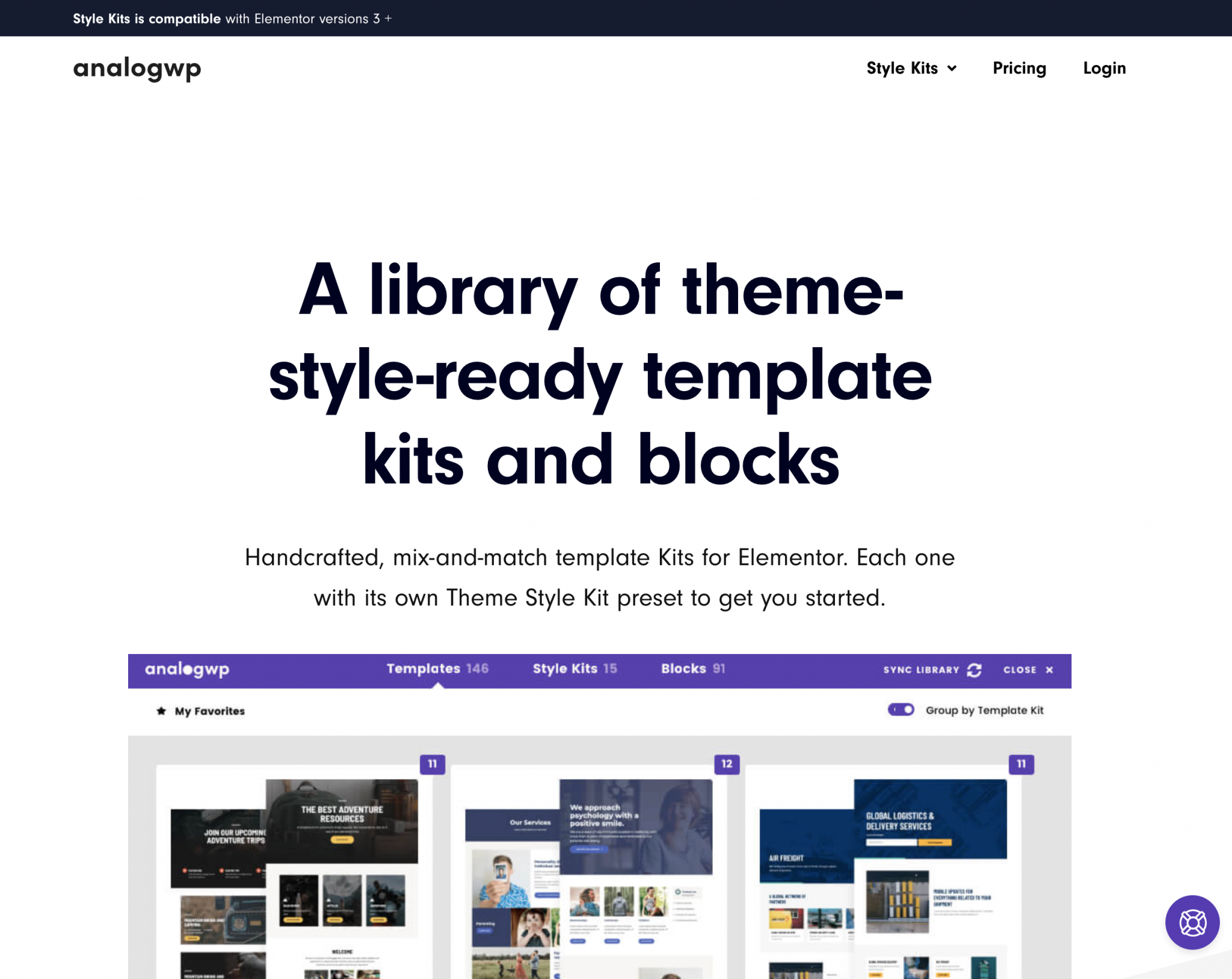 AnalogWP website with its library of templates for Elementor