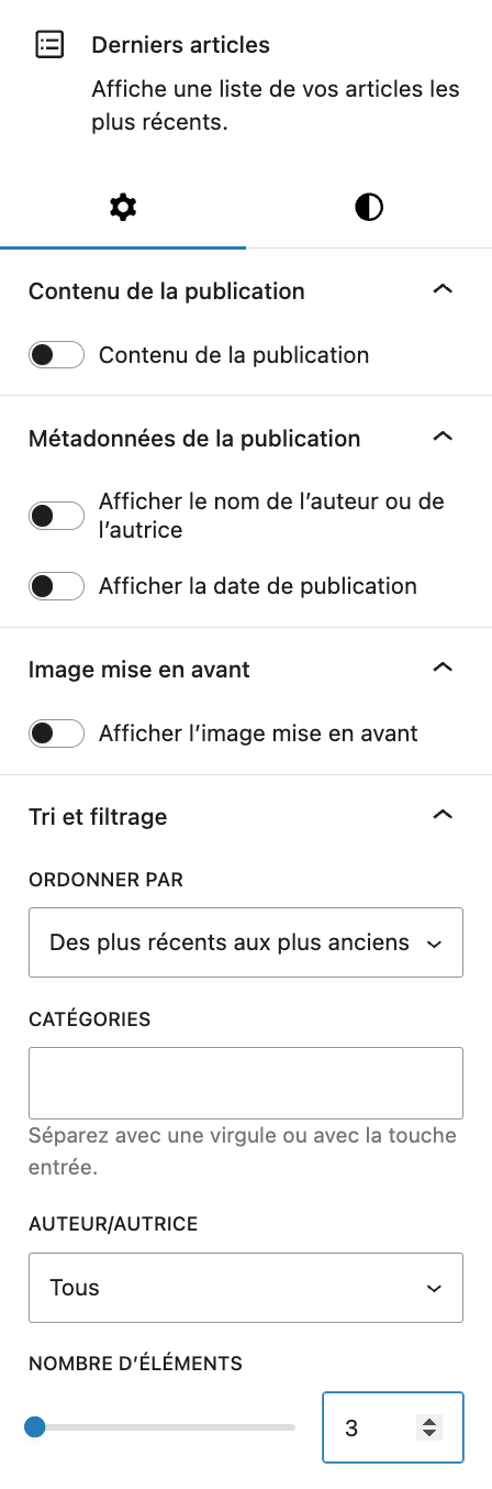 Le bloc WordPress « Derniers articles » peut être utile dans votre footer.