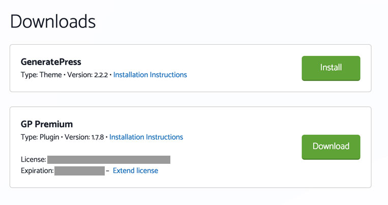 Downloads of GeneratePress theme and GP Premium