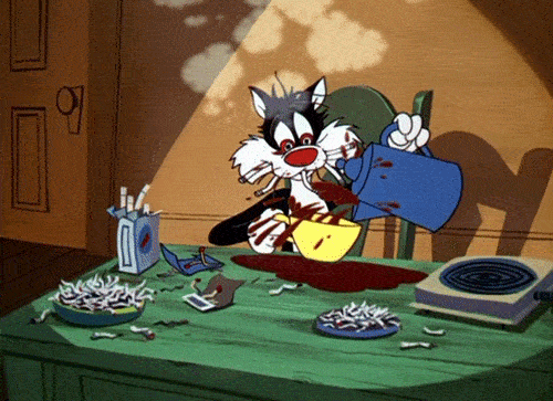 cartoon cat shaking while pouring coffee in his cup