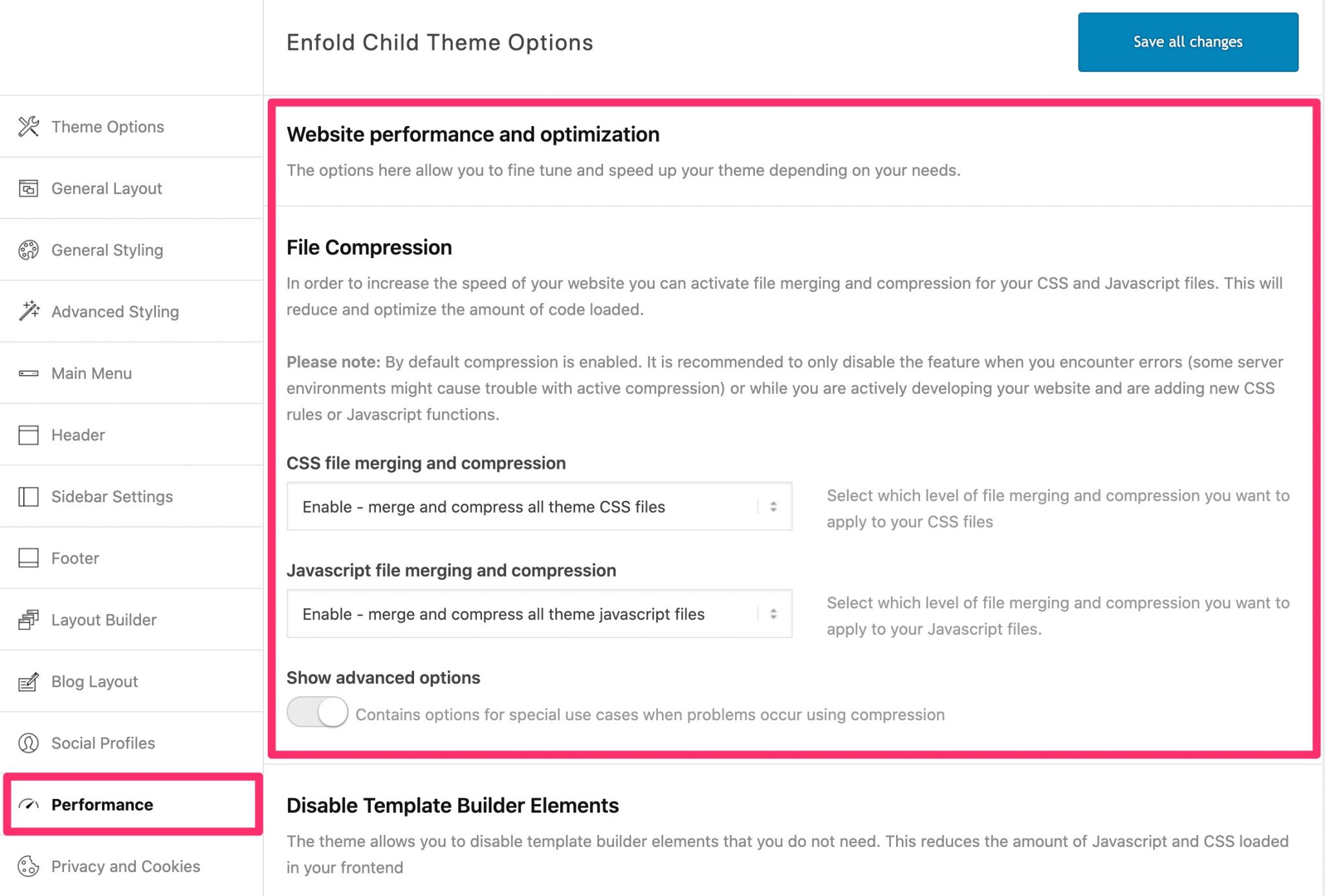 Performance submenu in the Enfold theme settings
