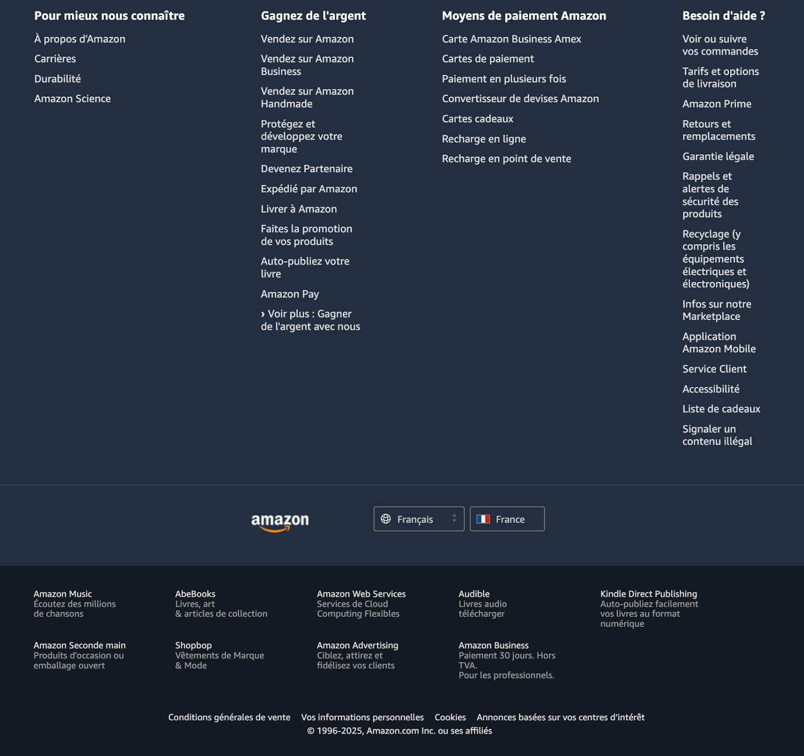 Le footer du site Amazon.fr