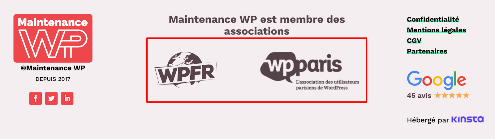 Certifications dans le footer du site de Maintenance WP