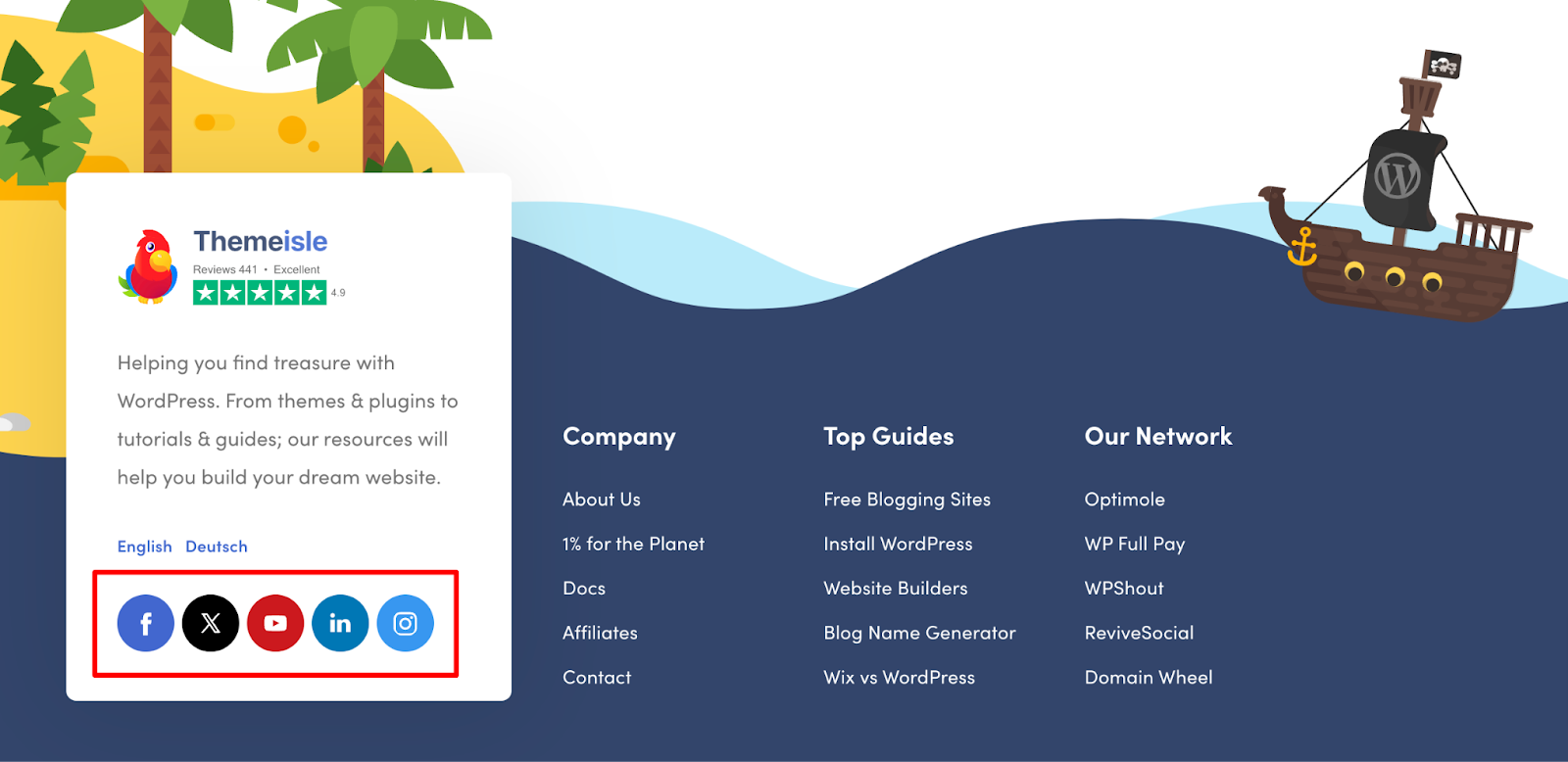 Icônes de réseaux sociaux dans le footer du site de Themeisle