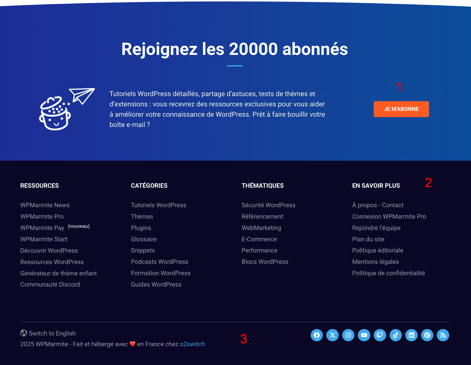 Les différentes zones du footer de WPMarmite