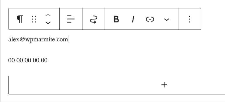 Le bloc WordPress « Paragraphe » peut être utile pour ajouter vos informations de contact.