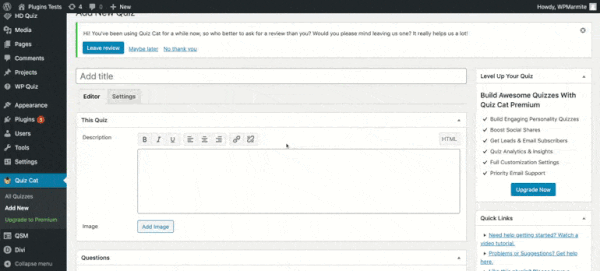 Quiz Cat plugin settings on WordPress