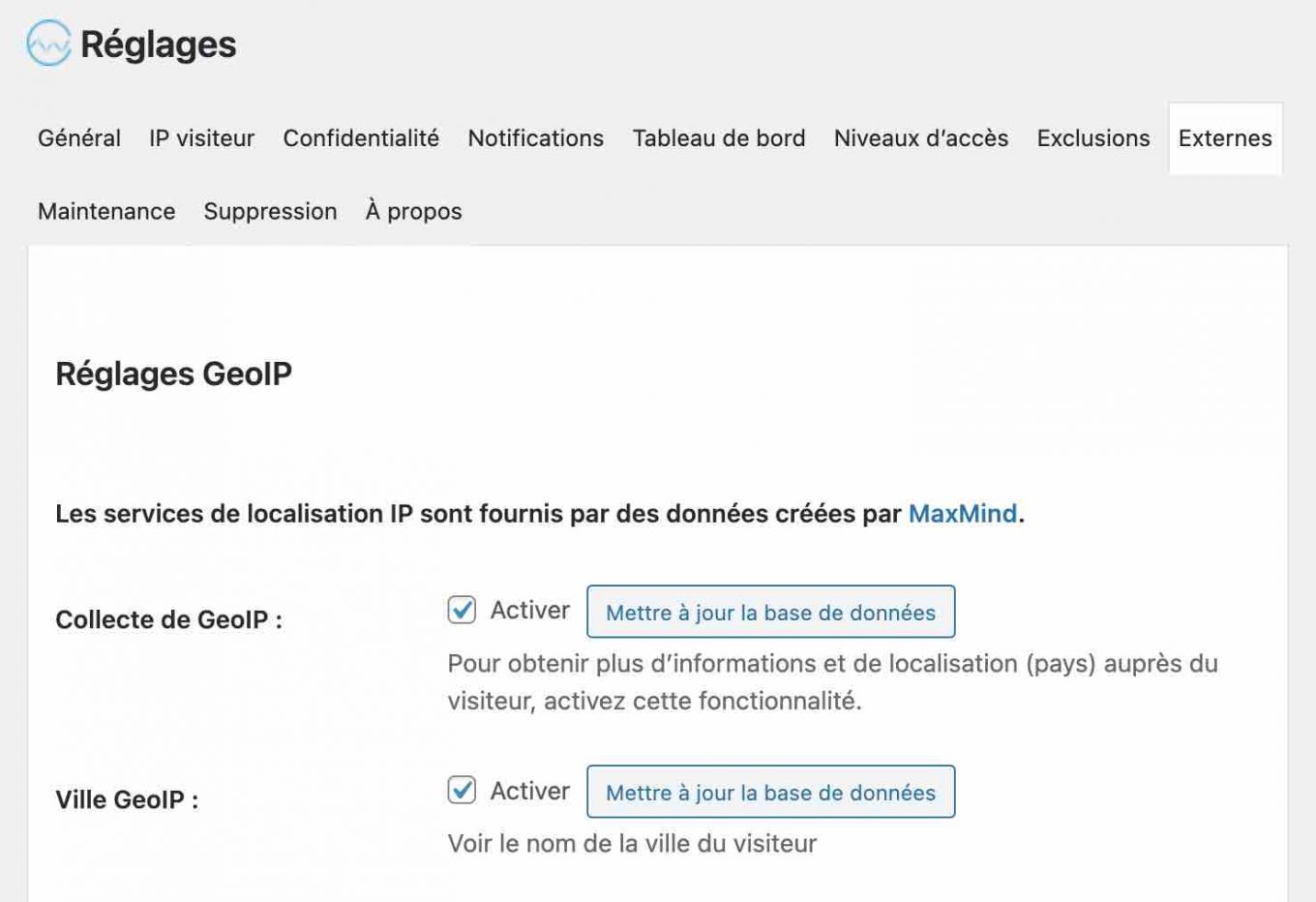 Réglages GeoIP de WP Statistics