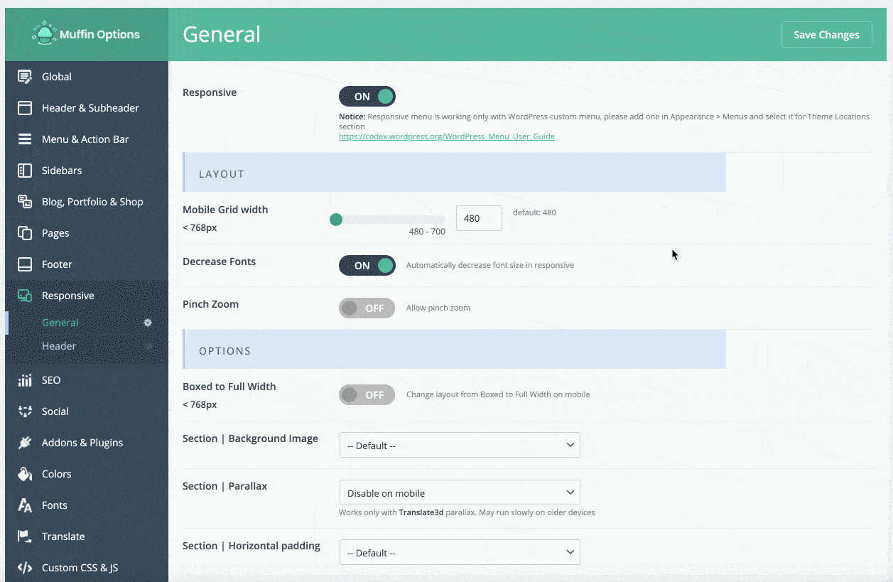 responsive settings on BeTheme
