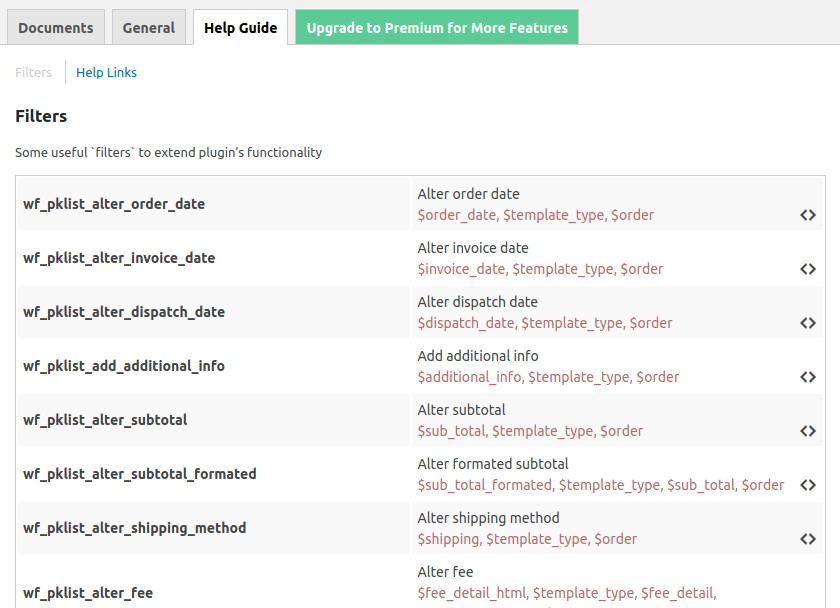 help guide for filters in the documentation for developers of the plugin WooCommerce PDF Invoices, Packing Slips, Delivery Notes & Shipping Labels