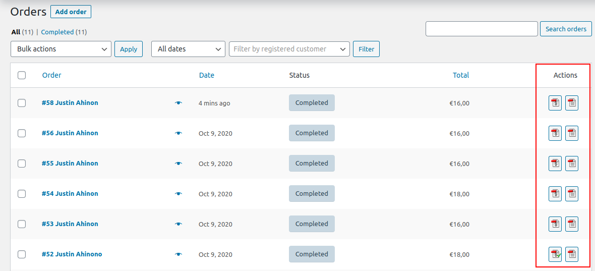 Orders listed to view invoices