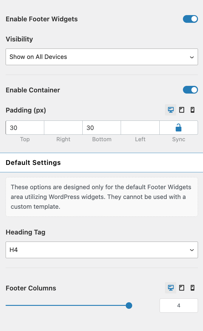 The Customizer footer settings in the free version of the OceanWP theme.