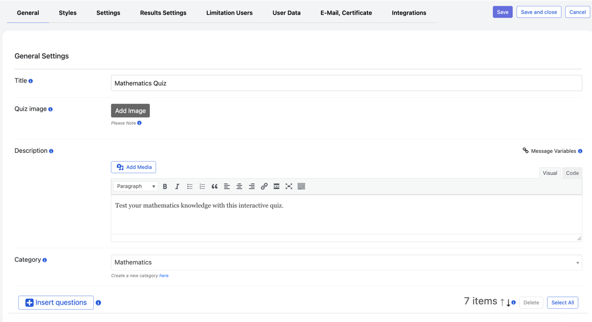 The interface for creating a quiz using the Quiz Maker plugin