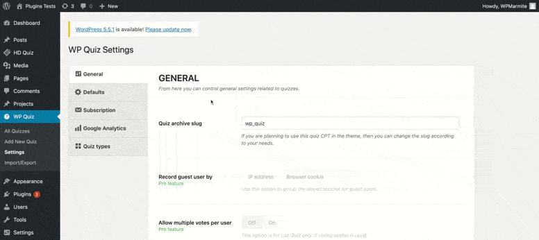 WordPress WP Quiz premium settings which are not available in the free plan of the plugin