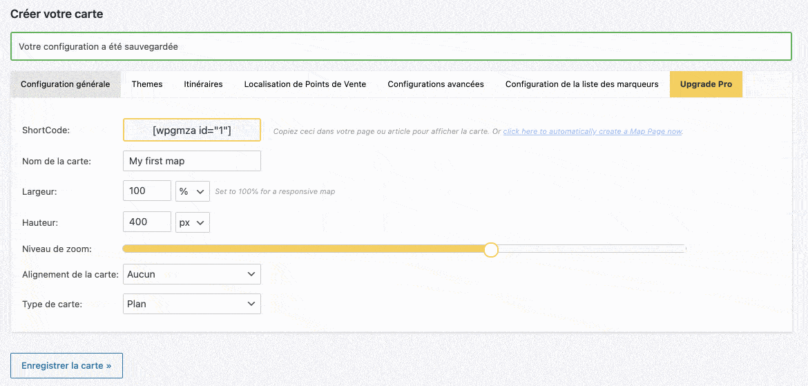 Menu de l'extension WP Google Map