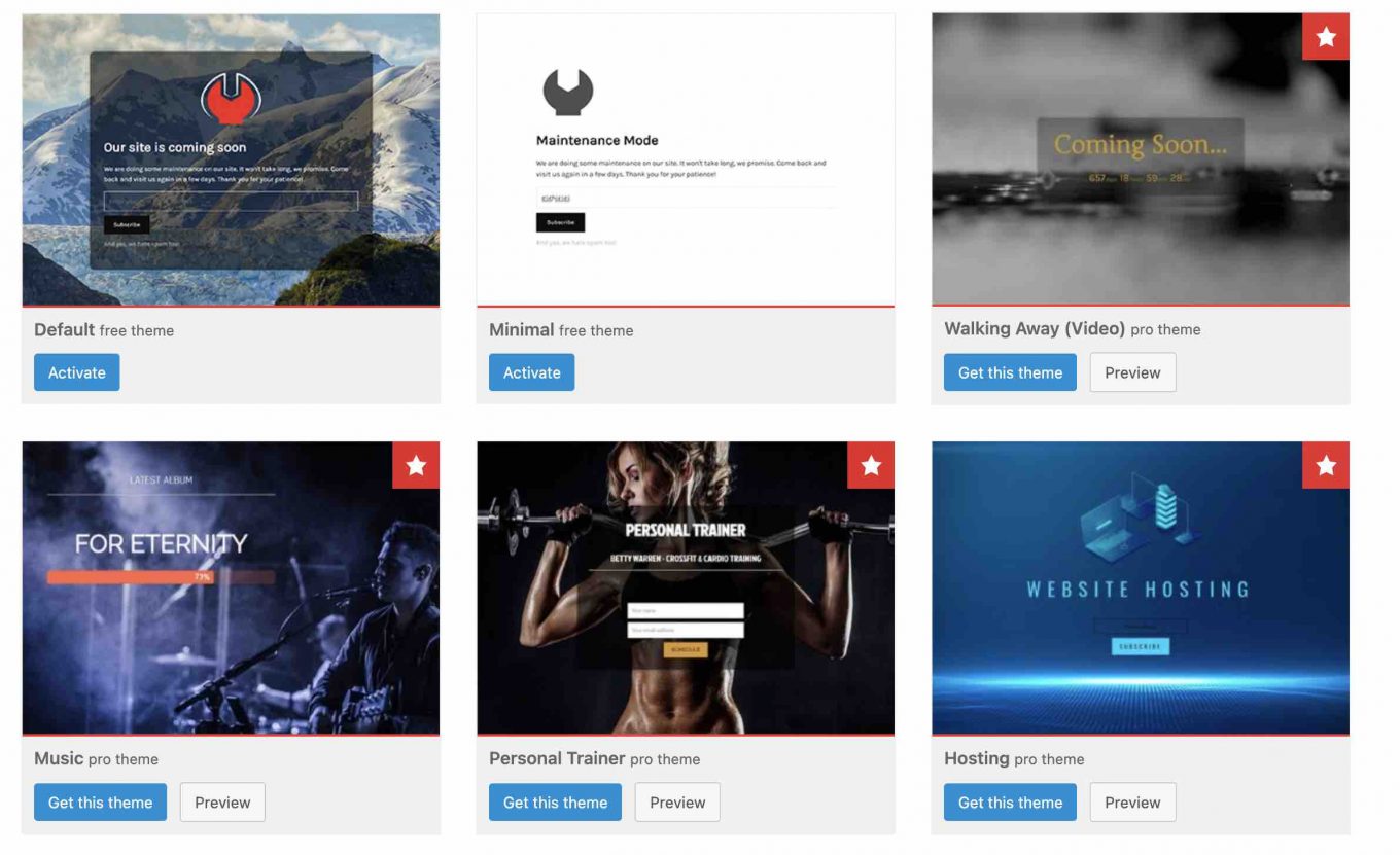 Les templates proposés par Minimal Coming Soon Page