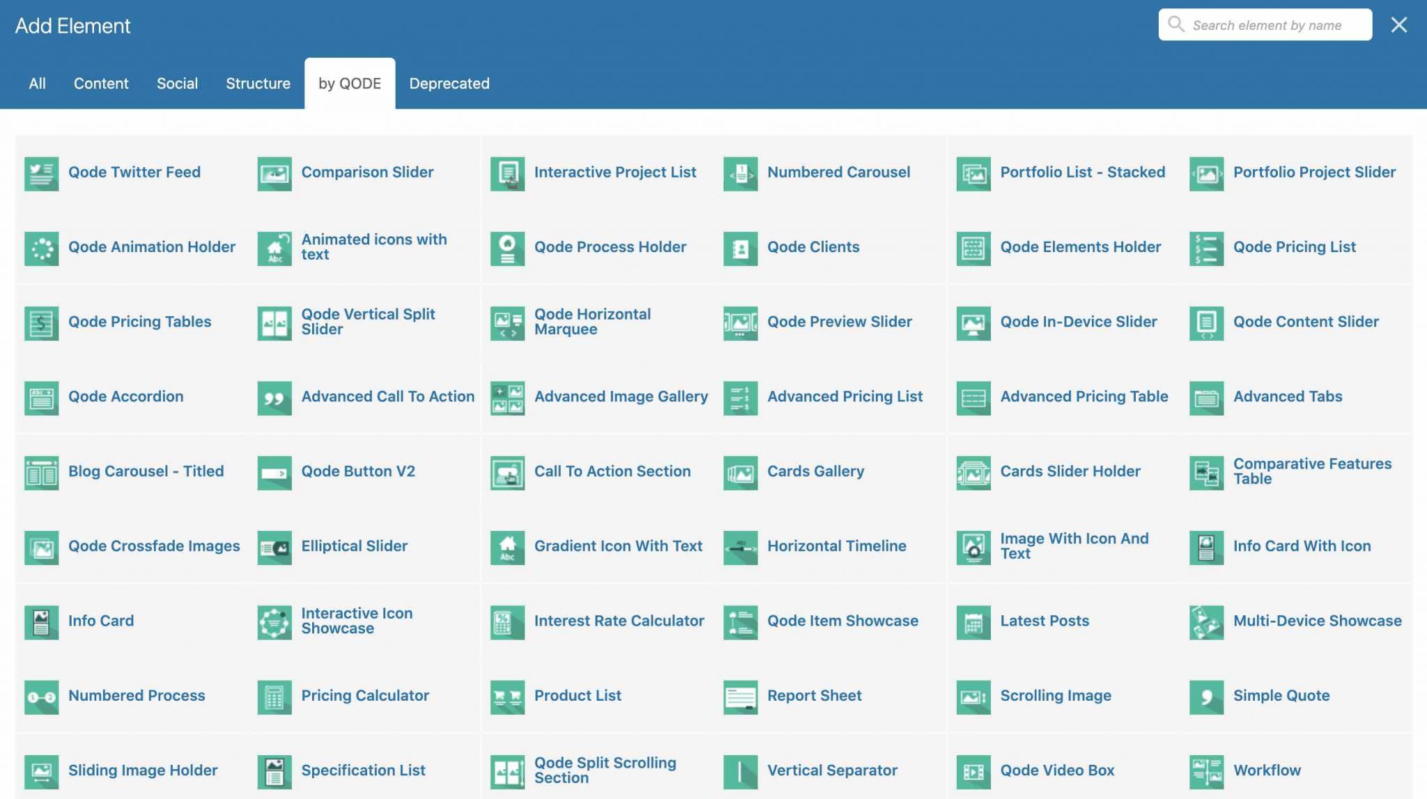 Some of the 67 elements exclusive to the Qode themes