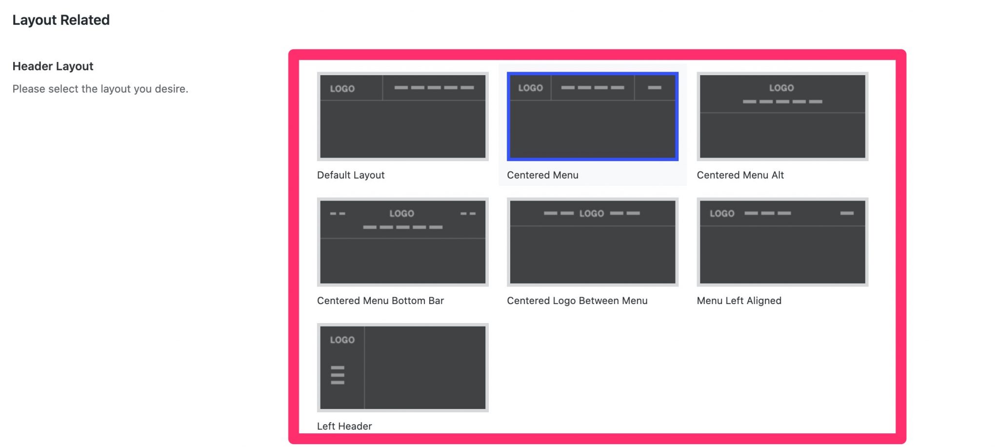 Salient header layout settings