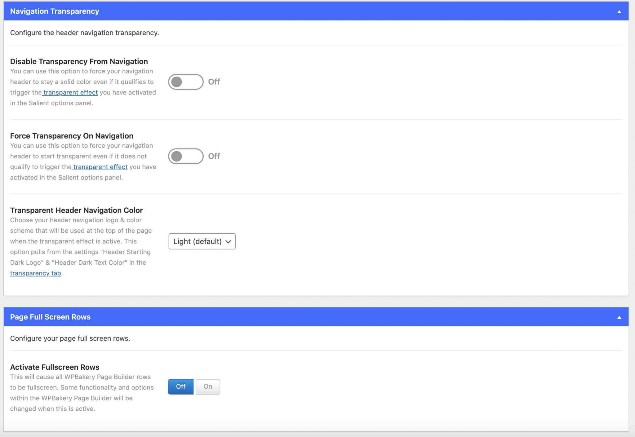 Salient page settings with navigation transparency and page full screen rows
