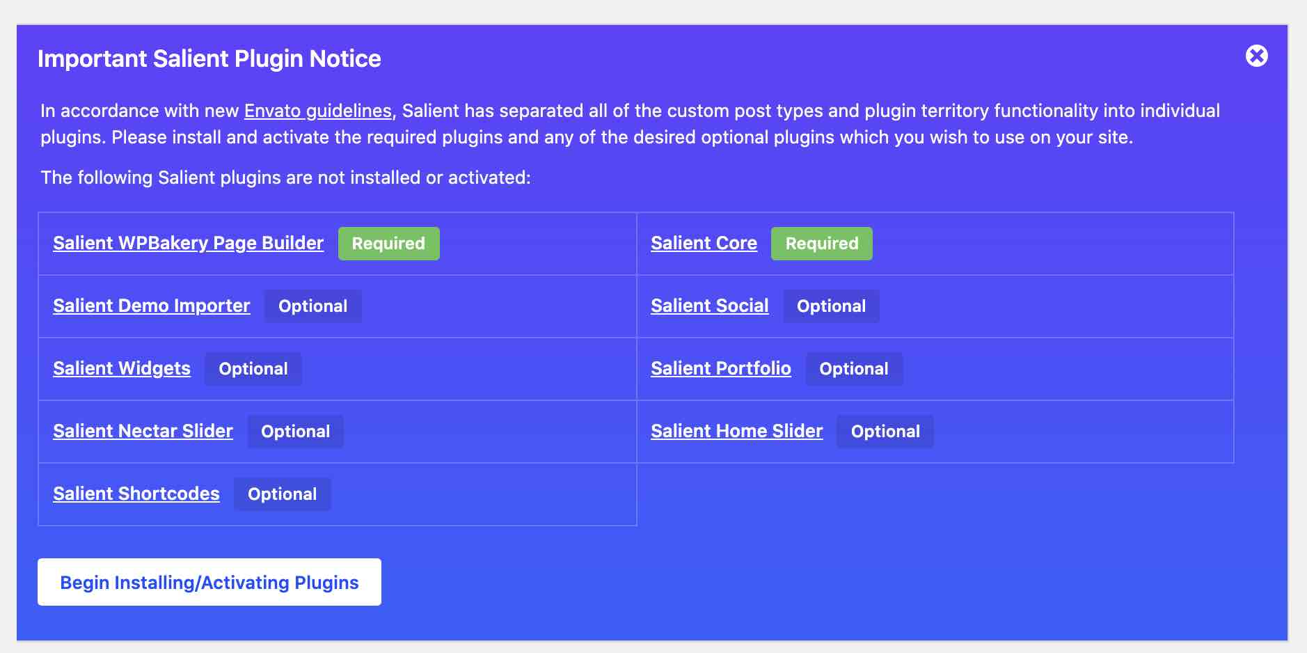Required plugins to install on Salient theme