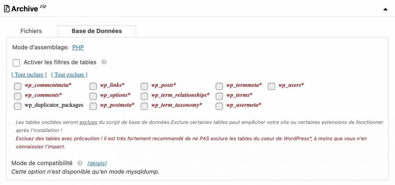 Les tables de la base de données sur Duplicator.