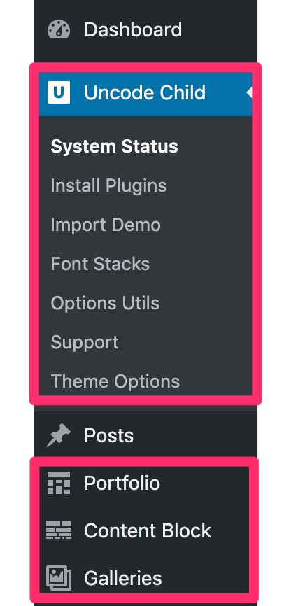 Uncode theme dashboard and custom post types