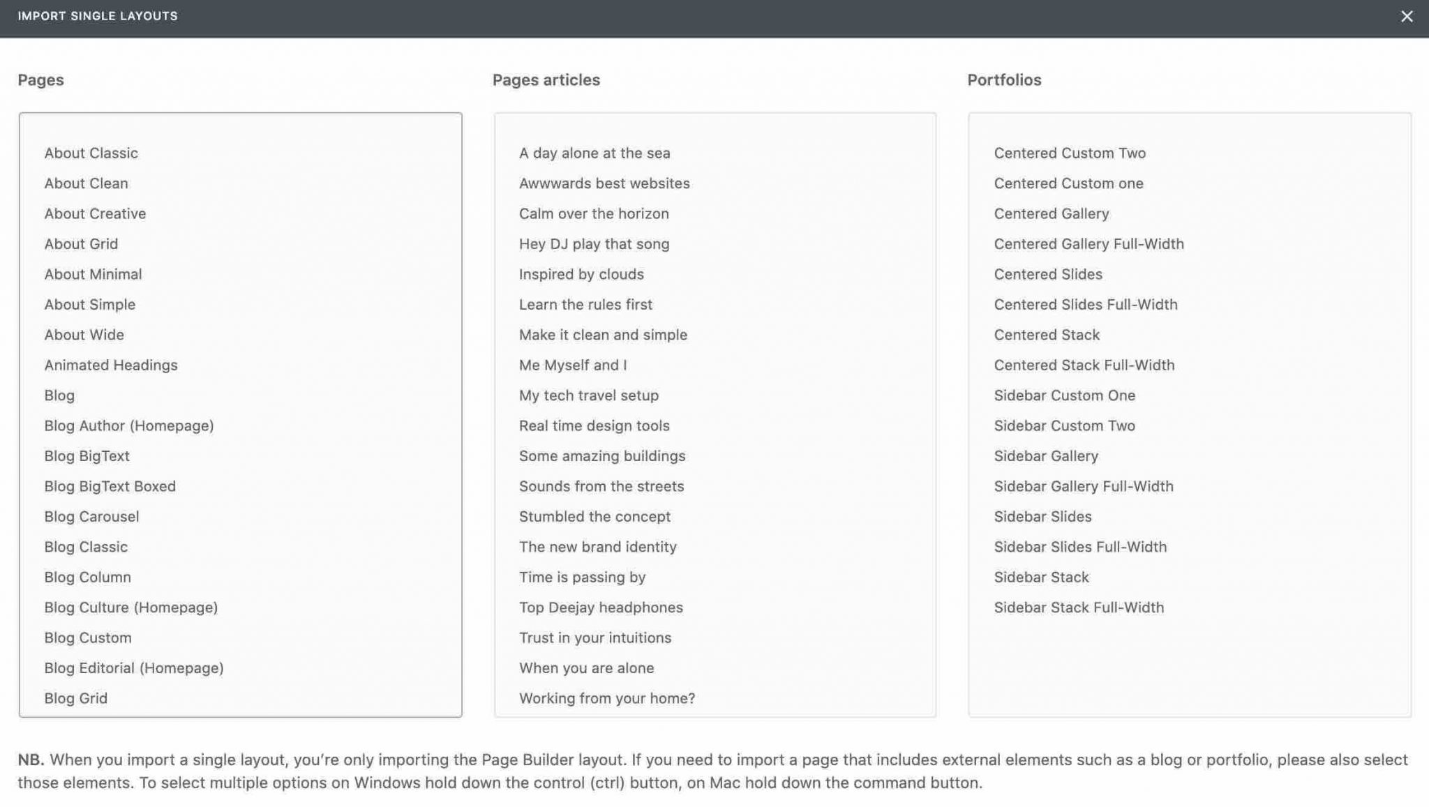 The Import Single Layouts submenu on the Uncode theme
