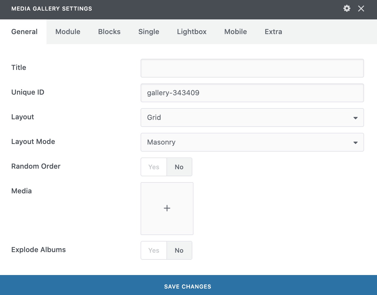 The media gallery settings of Uncode