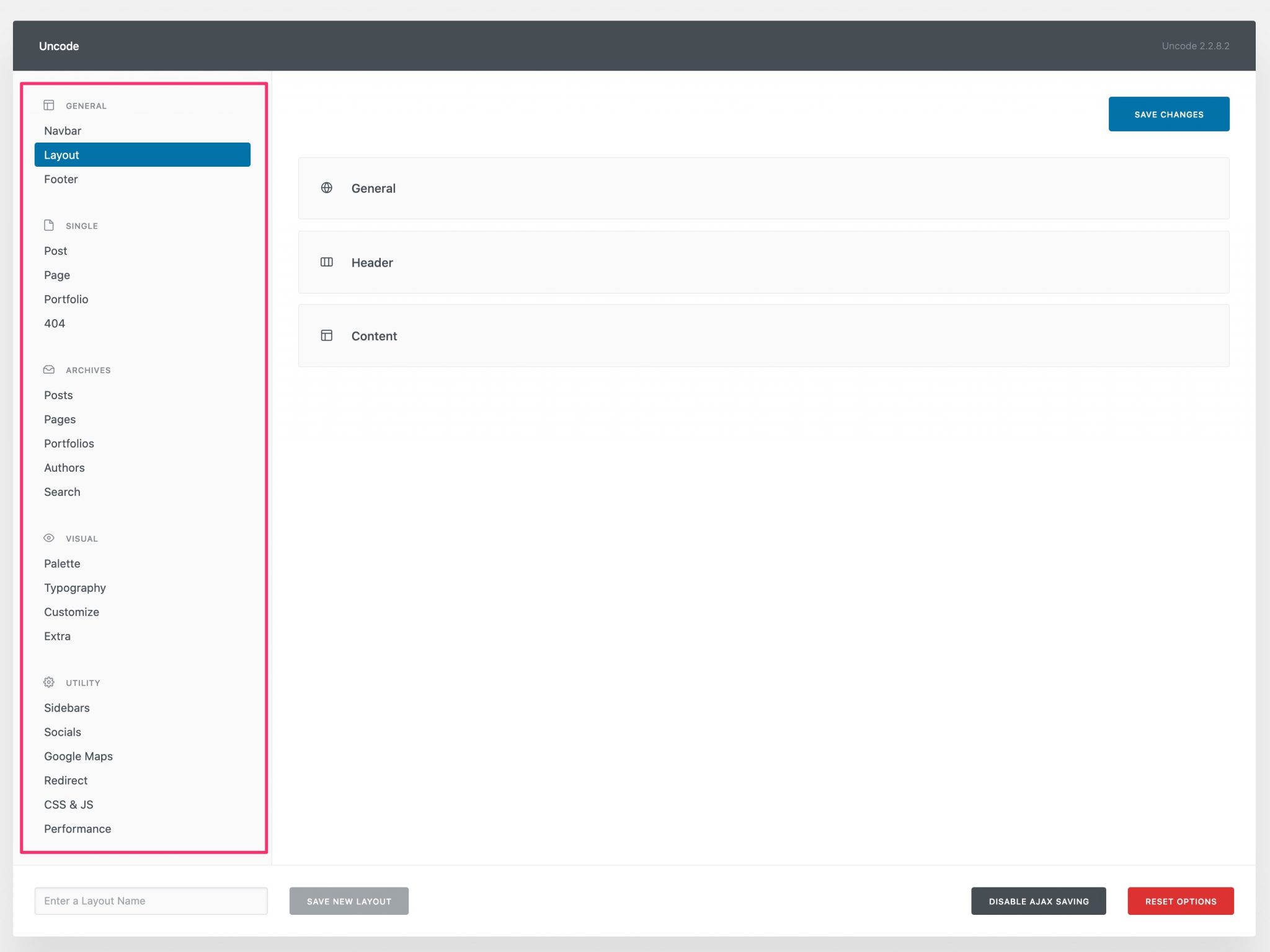 Menu options of the Uncode theme