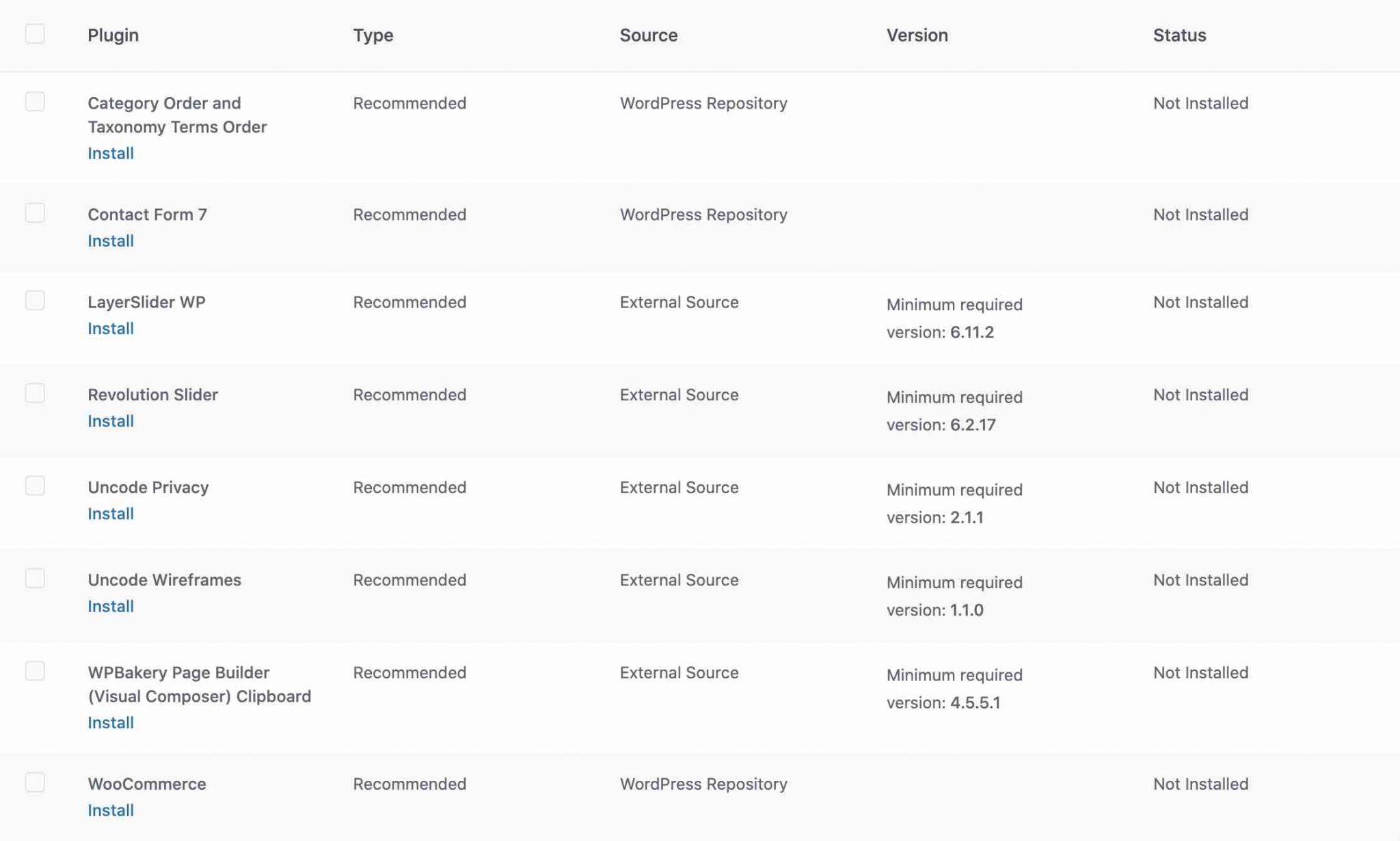Plugins suggested by Uncode theme
