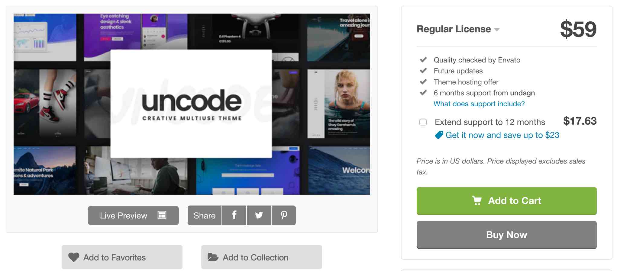 Price of the Uncode theme on ThemeForest