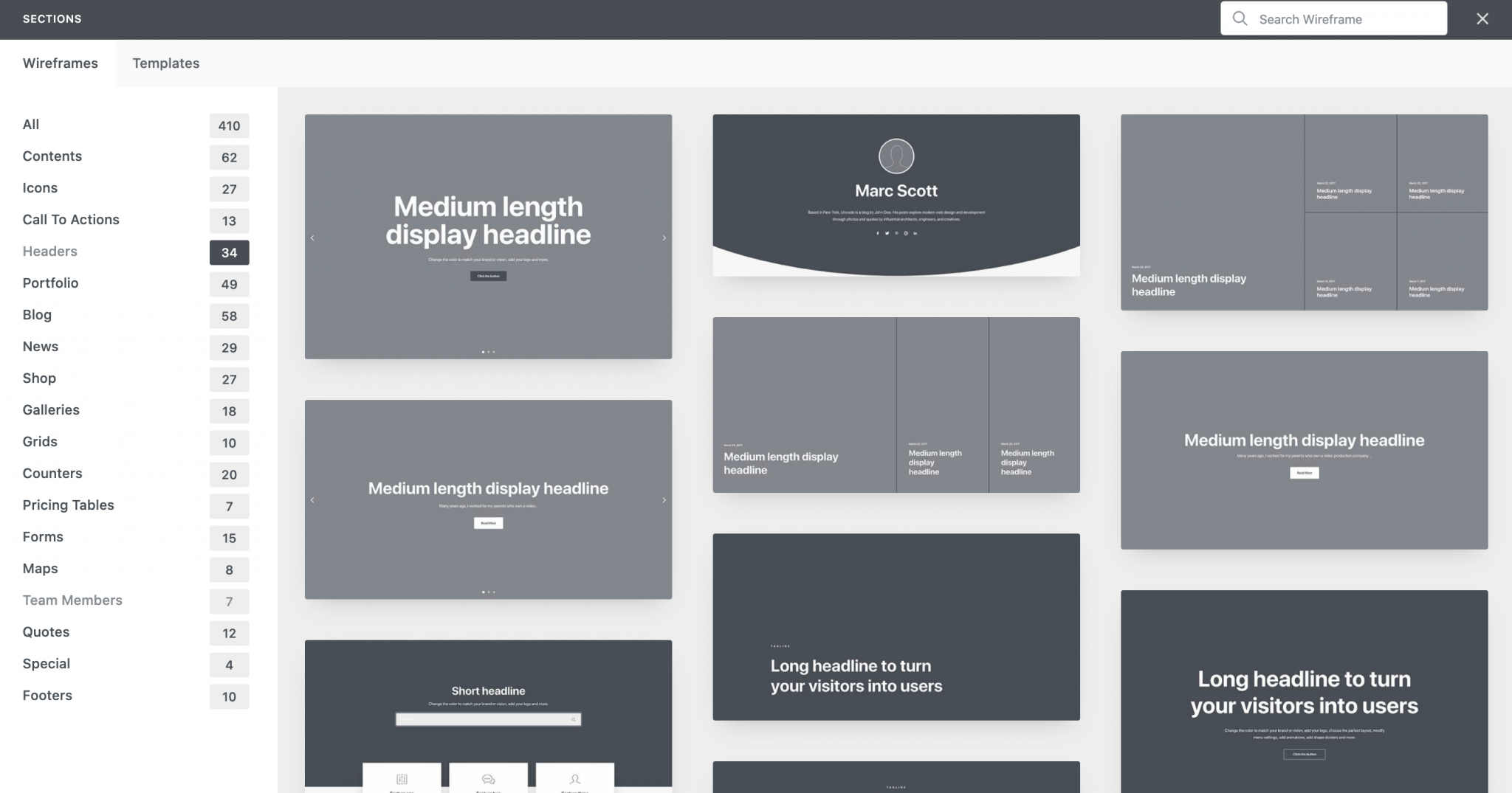 Uncode Wireframes displaying ready-to-use sections
