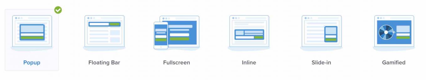 Les différents types de formulaires d'opt-in WordPress proposés par OptinMonster.