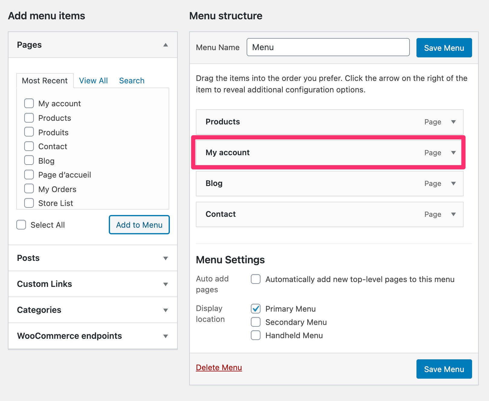 My account page in the WordPress menu settings