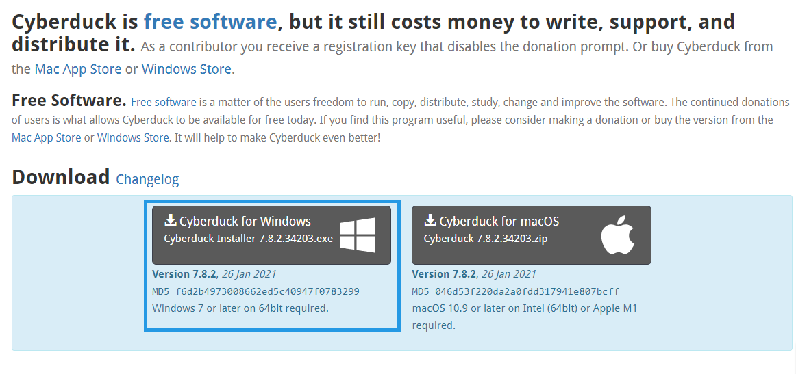 Page de téléchargement de CyberDuck.