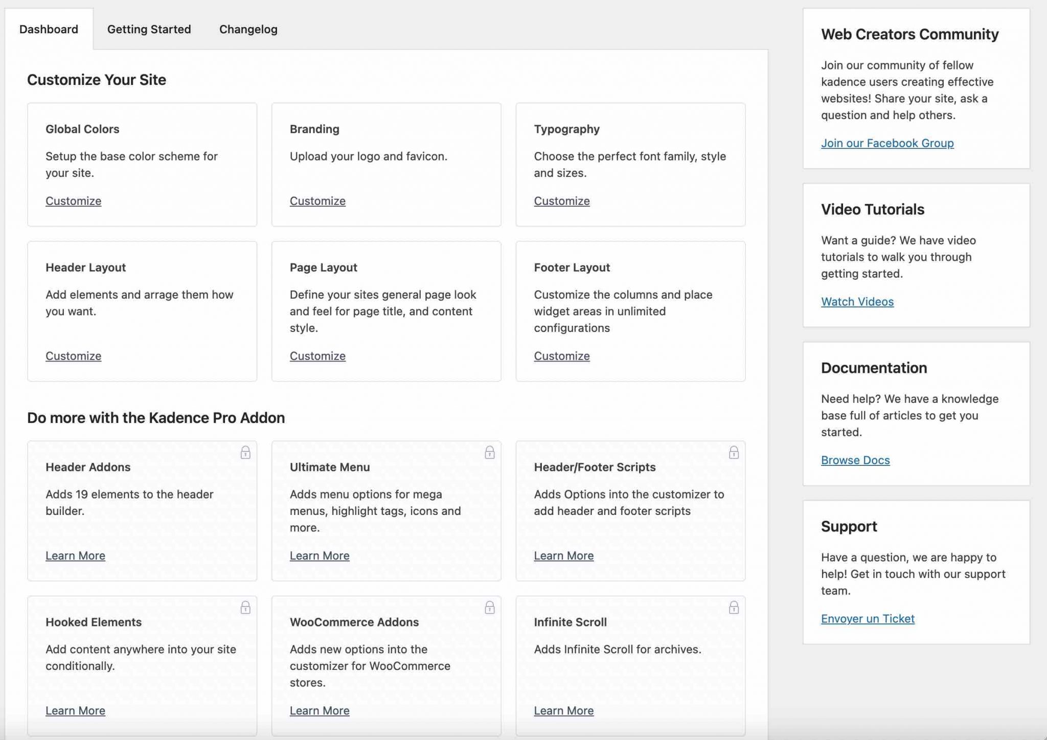 Le tableau de bord du thème Kadence